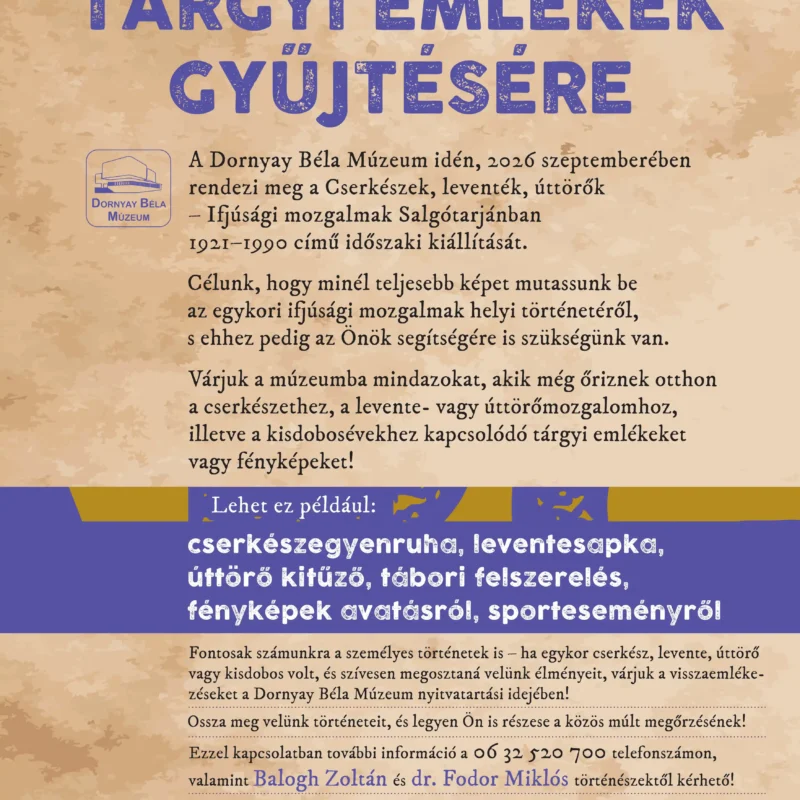 FELHÍVÁS TÁRGYI EMLÉKEK GYŰJTÉSÉRE